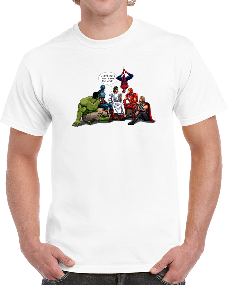 Jesus Saves The World Superheroes Funny Parody Fanboy Con T Shirt