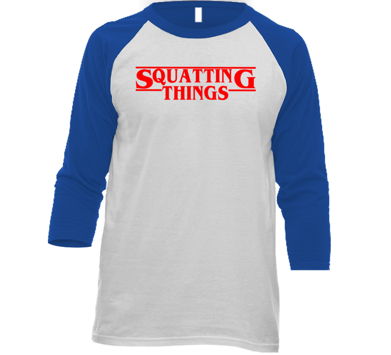 Squatting Things Funny Stranger Things Inspired Gym Workout Raglan T Shirt