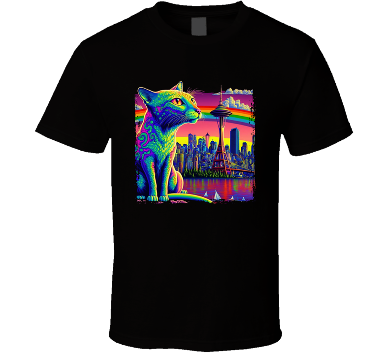 Seattle Cat Neon Waterfront Scene T Shirt