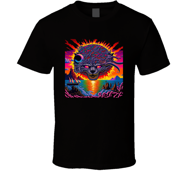 Dragon Sun Face Neon Water Scene T Shirt