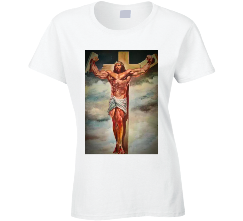 Jesus Lifts Bodybuilder God Gym Parody Ladies T Shirt