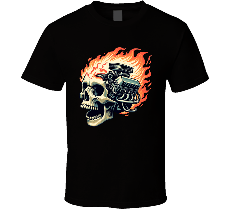 Motor Skull On Fire Car Mechanic T Shirt