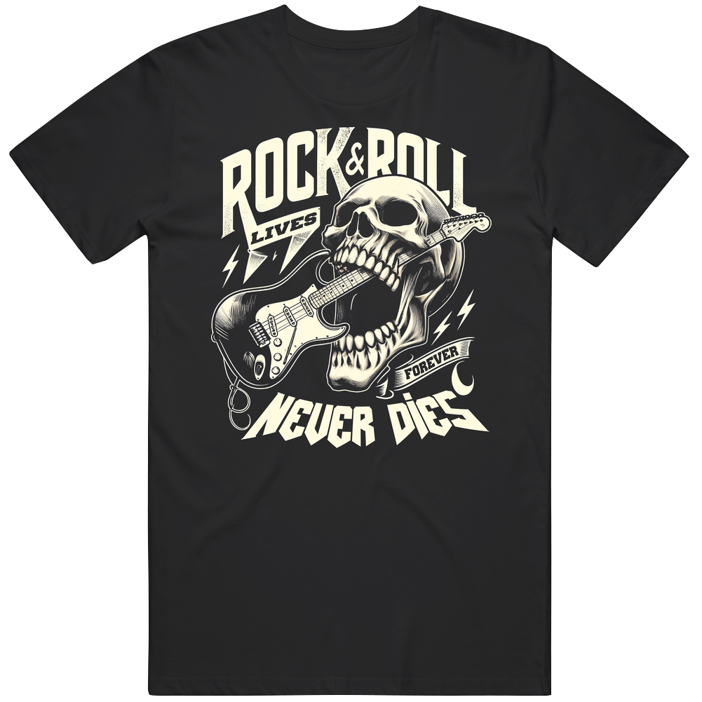 Rock N Roll Lives Forever Never Dies Guitar Skull Music  T Shirt